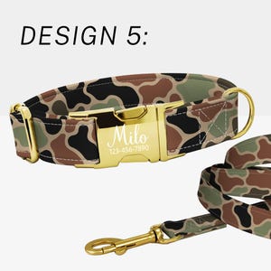 May include: Camouflage dog collar and leash set. The collar features a gold-colored buckle engraved with the name "Milo" and a phone number. The pattern includes shades of brown, green, and black. The text "DESIGN 5:" is at the top.
