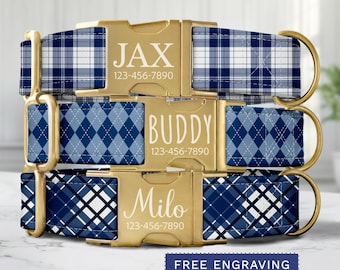Blue Plaid Dog Collar Personalized Argyle Dog Collar with Name Custom Blue Checkered Dog Collar & Leash Boy Dog Collar Adjustable SEC-020