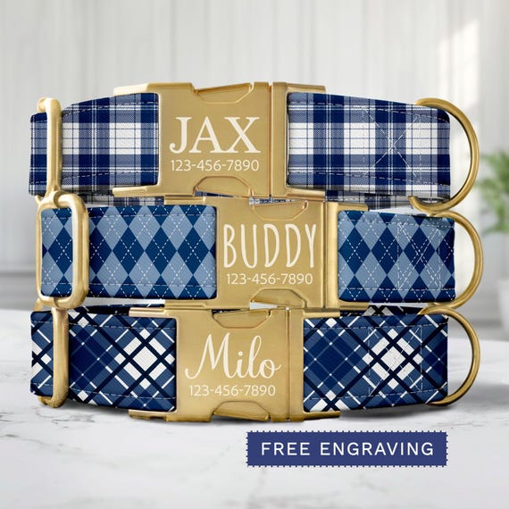 Blue Plaid Dog Collar Personalized Argyle Dog Collar with Name Custom Blue Checkered Dog Collar & Leash Boy Dog Collar Adjustable SEC-020