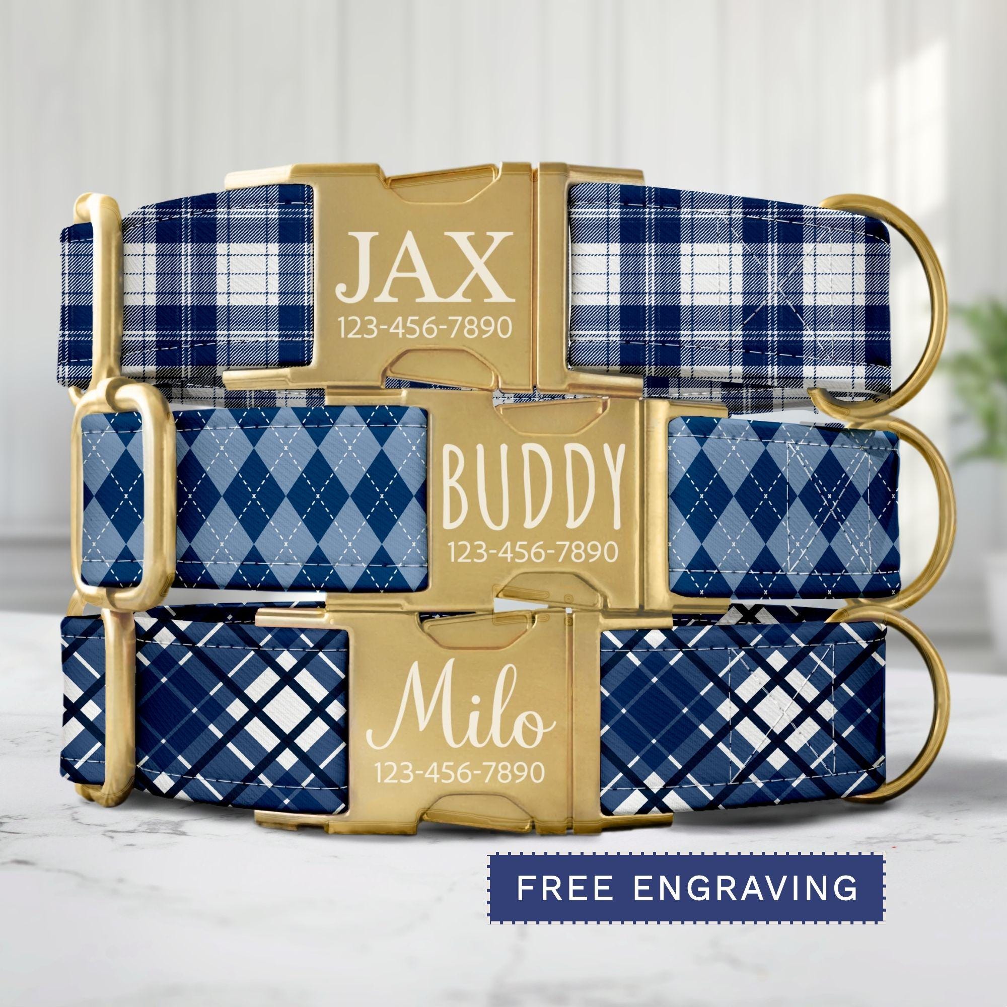 Blue Plaid Dog Collar Personalized Argyle Dog Collar With Name Custom ...