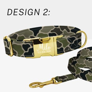 May include: Camouflage dog collar and leash set with gold-colored hardware. The collar features a gold buckle engraved with the name "Milo" and a phone number. The text "DESIGN 2:" is at the top of the image.