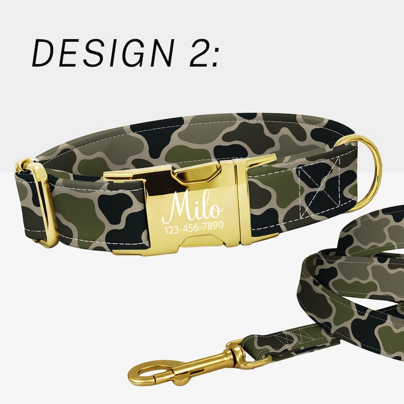 May include: Camouflage dog collar and leash set with gold-colored hardware. The collar features a gold buckle engraved with the name "Milo" and a phone number. The text "DESIGN 2:" is at the top of the image.