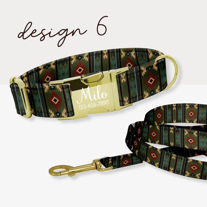 May include: Dog collar and leash set with a geometric pattern in shades of green, red, and blue. The collar has a gold-colored buckle engraved with the name "Milo" and a phone number. The words "design 6" are written in cursive.