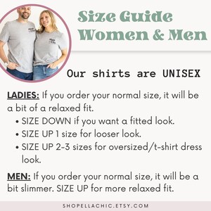 May include: Size guide for unisex shirts. The guide explains how to order the correct size for a relaxed, fitted, or oversized fit. The text includes the phrase "Shop Ella Chic Etsy.com".