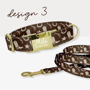 May include: A brown dog collar and leash set with a western-themed pattern. The pattern includes cowboy boots, stars, horseshoes, and revolvers. The collar has a gold-colored buckle with the name "Milo" and a phone number.