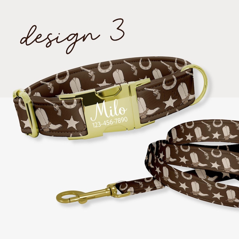 May include: A brown dog collar and leash set with a western-themed pattern. The pattern includes cowboy boots, stars, horseshoes, and revolvers. The collar has a gold-colored buckle with the name "Milo" and a phone number.