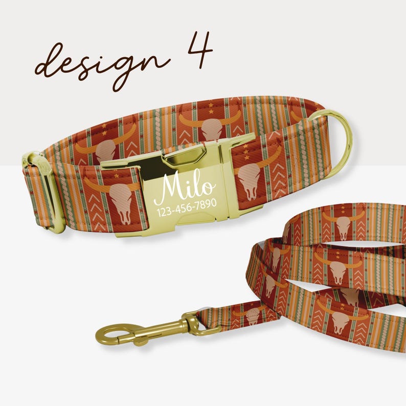 Cowboy Dog Collar, Personalized Western Dog Collar with Name, Custom Rodeo Dog Collar & Leash, Country Boy Dog Collar with Buckle SEC-058 Design 4