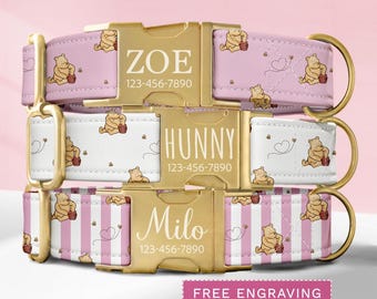 Classic Bear Honey Bee Dog Collar Personalized Pink Dog Collar Engraved Name Custom Pooh Dog Collar & Leash Girl Dog Collar Set SEC-001