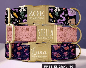 May include: Three personalized dog collars with gold-colored buckles. The collars feature unique patterns: black with white flowers and purple snakes, pink with moons and crystals, and navy with planets and moths. Each collar has a name and phone number.