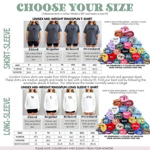 May include: A product image with the text "CHOOSE YOUR SIZE" and size charts for unisex mid-weight ringspun t-shirts and long-sleeve shirts. The image includes size charts with measurements in inches and color swatches.