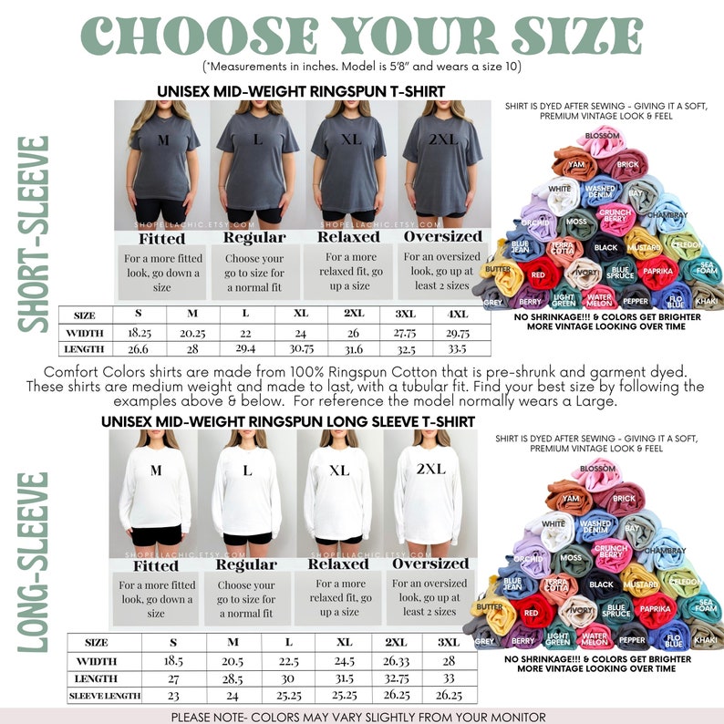 May include: A product image with the text "CHOOSE YOUR SIZE" and size charts for unisex mid-weight ringspun t-shirts and long-sleeve shirts. The image includes size charts with measurements in inches and color swatches.