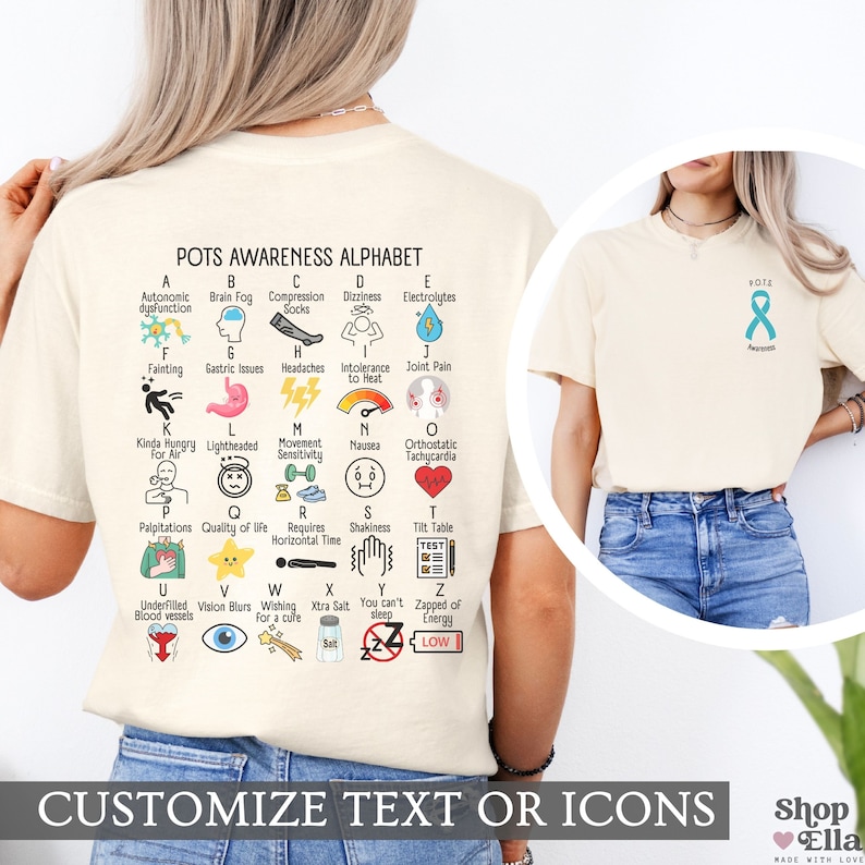 pots awareness alphabet shirt with front and back design on a comfort colors shirt