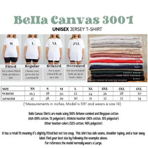 May include: Bella Canvas 3001 Unisex Jersey T-Shirt size chart with measurements in inches. The chart shows the width and length of the shirt in different sizes, from XS to 4XL. The chart also includes information about the fit of the shirt, such as fitted, regular, relaxed, and oversized.