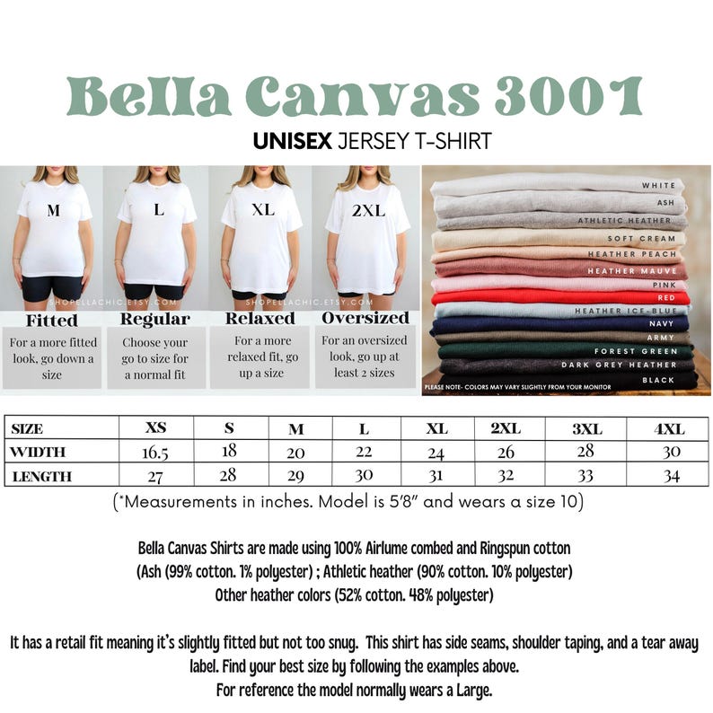 May include: Bella Canvas 3001 Unisex Jersey T-Shirt size chart with measurements in inches. The chart shows the width and length of the shirt in different sizes, from XS to 4XL. The chart also includes information about the fit of the shirt, such as fitted, regular, relaxed, and oversized.