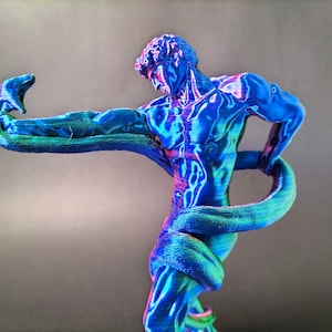 May include: A blue and green 3D printed sculpture of a man wrestling a snake. The sculpture is a modern interpretation of a classic Greek statue.