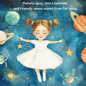 Puede incluir: Una ilustraci&oacute;n de acuarela de una ni&ntilde;a con cabello casta&ntilde;o y un vestido blanco flotando en el espacio. Planetas, estrellas y extraterrestres amigables se representan en el fondo. El texto "Planets spun, stars twinkled, and friendly aliens waved from far away." est&aacute; escrito en la parte superior de la imagen.