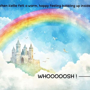 Puede incluir: Una ilustraci&oacute;n de acuarela de un castillo en una nube con un arco&iacute;ris arqueado sobre &eacute;l. El texto "WHOOOOOSH!" est&aacute; escrito debajo del castillo.