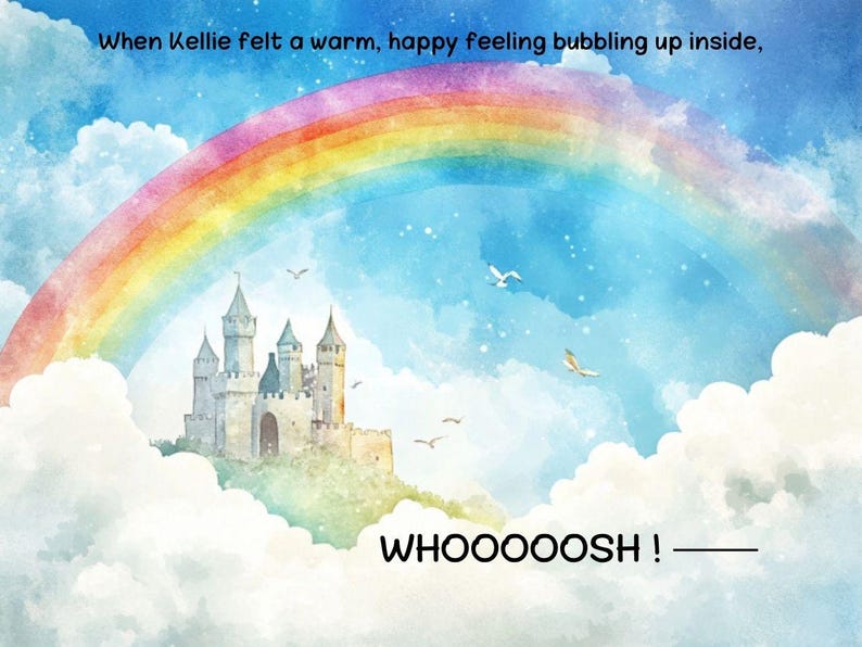 Puede incluir: Una ilustraci&oacute;n de acuarela de un castillo en una nube con un arco&iacute;ris arqueado sobre &eacute;l. El texto "WHOOOOOSH!" est&aacute; escrito debajo del castillo.