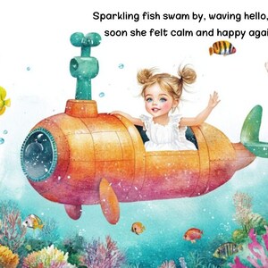 Puede incluir: Una ni&ntilde;a con un vestido blanco se sienta en un submarino amarillo con un periscopio verde. El submarino est&aacute; rodeado de peces coloridos y arrecifes de coral. El texto "Sparkling fish swam by, waving hello, and soon she felt calm and happy again." est&aacute; escrito sobre el submarino.