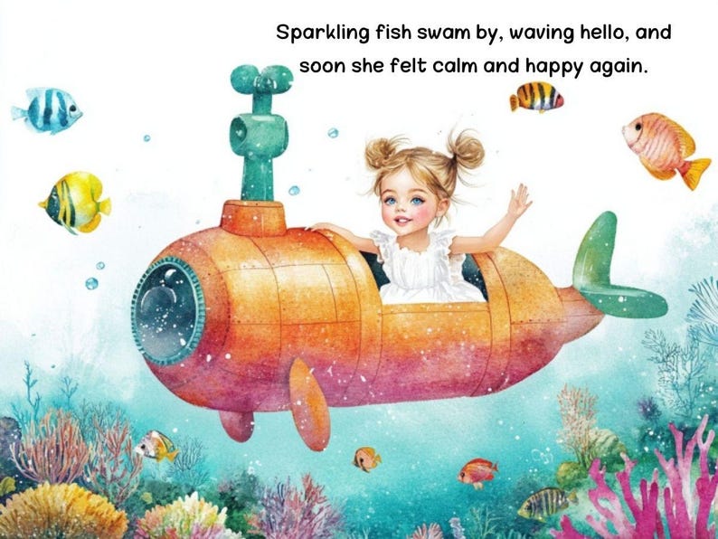 Puede incluir: Una ni&ntilde;a con un vestido blanco se sienta en un submarino amarillo con un periscopio verde. El submarino est&aacute; rodeado de peces coloridos y arrecifes de coral. El texto "Sparkling fish swam by, waving hello, and soon she felt calm and happy again." est&aacute; escrito sobre el submarino.