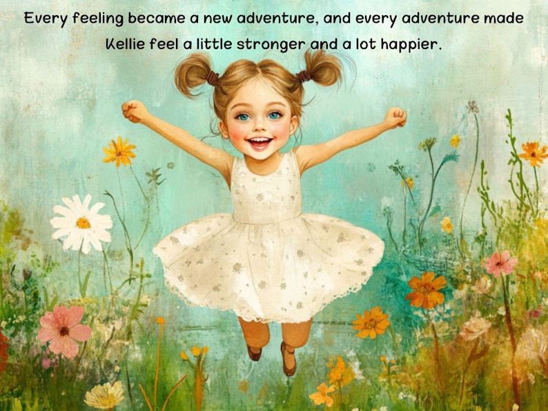 Puede incluir: Una ni&ntilde;a con coletas salta en un campo de flores. La cita "Every feeling became a new adventure, and every adventure made Kellie feel a little stronger and a lot happier." est&aacute; escrita encima de ella.