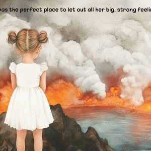 Puede incluir: Una ni&ntilde;a con un vestido blanco se encuentra de pie frente a un paisaje ardiente con humo y nubes. El texto "It was the perfect place to let out all her big, strong feelings!" est&aacute; en la parte superior de la imagen.