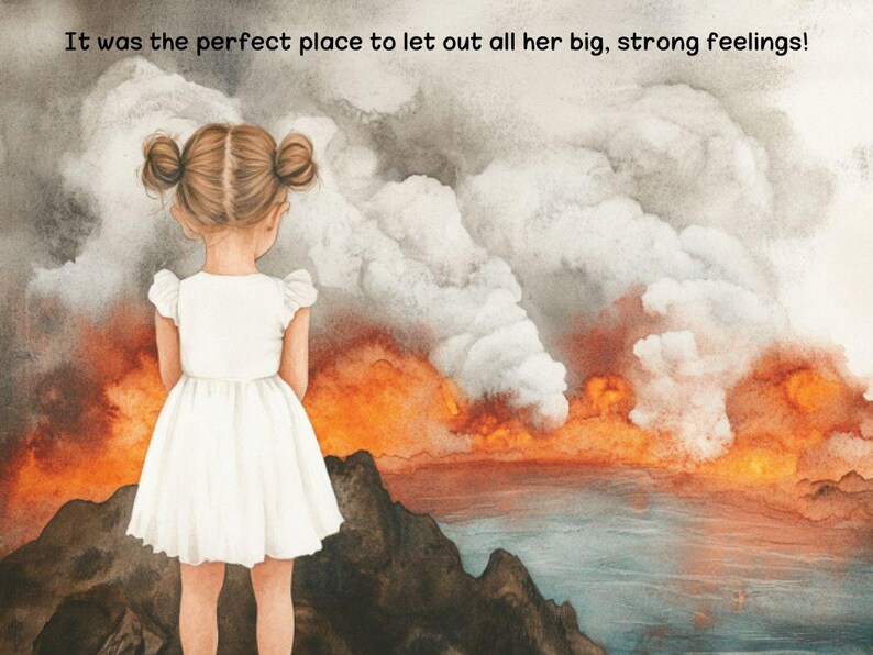 Puede incluir: Una ni&ntilde;a con un vestido blanco se encuentra de pie frente a un paisaje ardiente con humo y nubes. El texto "It was the perfect place to let out all her big, strong feelings!" est&aacute; en la parte superior de la imagen.