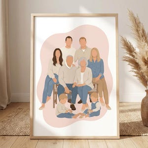 Peut inclure: Une impression d'art encadrée représentant un portrait de famille. L'illustration montre un groupe de personnes aux tons neutres, sur un fond rose clair. La famille comprend des adultes, des enfants et un couple de personnes âgées, tous assis ou debout de manière stylisée.