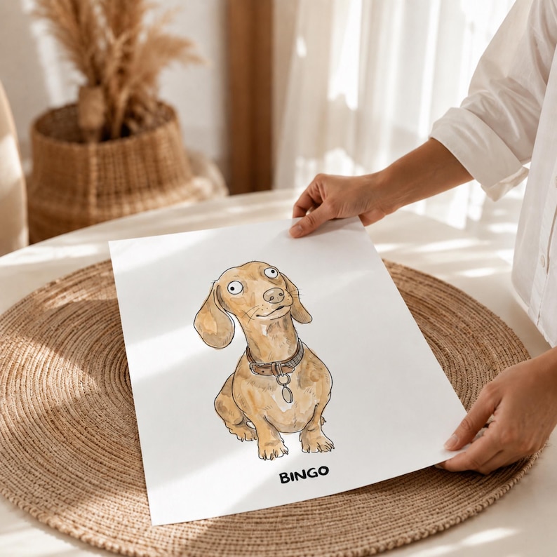 Puede incluir: Una l&aacute;mina rectangular blanca con una ilustraci&oacute;n en acuarela de un perro salchicha de color marr&oacute;n claro que lleva un collar marr&oacute;n oscuro con una peque&ntilde;a placa. El perro tiene ojos grandes y mira hacia arriba. El nombre BINGO est&aacute; impreso en negro.