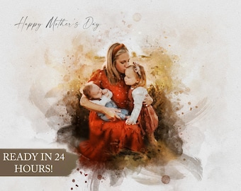 Pintura digital personalizada de acuarela y boceto para el Día de la Madre, edición gráfica, regalo personalizado, retrato a partir de una foto, regalos con fotos.