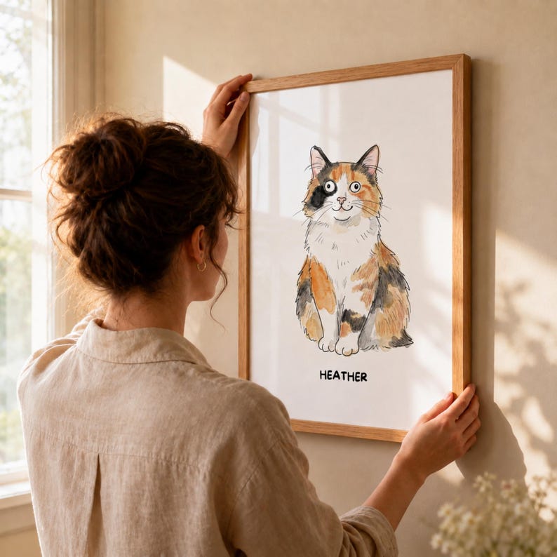 Puede incluir: Una l&aacute;mina art&iacute;stica enmarcada con una ilustraci&oacute;n en acuarela de un gato calic&oacute; con pelaje blanco, naranja y negro. El gato aparece sentado sobre un fondo blanco, con el nombre HEATHER impreso en color negro en la parte inferior.