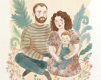 Puede incluir: Ilustración en acuarela de una familia de tres, sentada en un jardín. El padre lleva un suéter a rayas y la madre un vestido floral. El niño lleva un peto azul. Colores suaves y acentos florales.