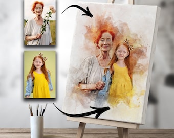 Retrato familiar en acuarela / Combinar fotos en una sola / Retrato conmemorativo con un ser querido fallecido / Regalo personalizado pintado a mano