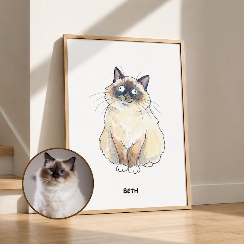 Puede incluir: Una l&aacute;mina de arte enmarcada con una ilustraci&oacute;n estilo acuarela de un gato de color crema y marr&oacute;n con ojos grandes. Debajo del gato, el nombre BETH est&aacute; impreso en letras may&uacute;sculas negras. Un recuadro circular muestra una foto del gato.