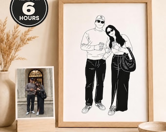 Puede incluir: Una ilustración de arte lineal en blanco y negro enmarcada de dos personas de pie una al lado de la otra, con gafas de sol y sosteniendo tazas. La ilustración se muestra junto a una foto más pequeña de las mismas personas. Una insignia circular dice READY IN 6 HOURS.