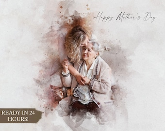 Día de las Madres - Acuarela digital personalizada y pintura de bocetos, edición gráfica, regalo personalizado, retrato de foto, regalos fotográficos