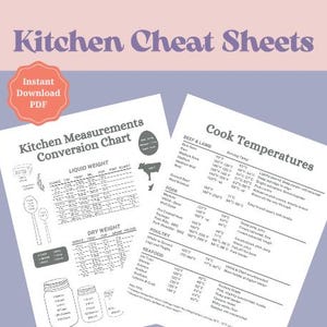 May include: Two printable kitchen cheat sheets. The first sheet is a kitchen measurements conversion chart with a list of liquid and dry weight conversions. The second sheet is a cook temperatures chart with a list of internal temperatures for different types of meat, poultry, and seafood.