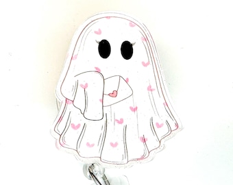 Valentine Ghost Badge Reel: Glitter Heart Swivel Alligator Clip