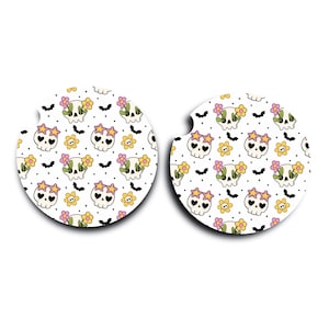 Halloween Car Coasters: Retro Ghost & Flower Design - Set of 2