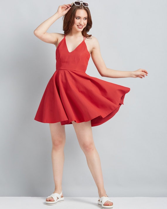 Amazon.com: PAAPLE Women Dresses Scoop Neck Fit & Flare Dress (Color : Red,  Size : Small) : Clothing, Shoes & Jewelry