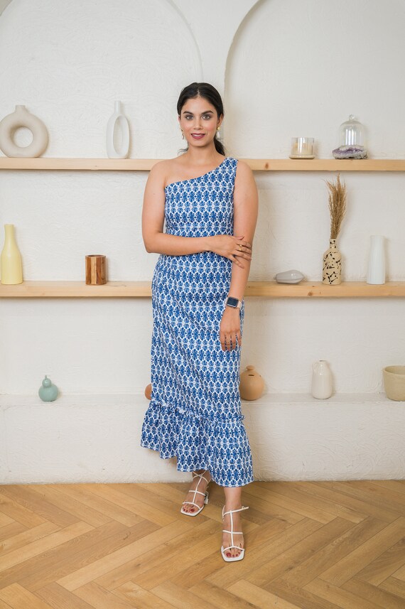 Printed Blue Linen One Shoulder Maxi Dress Print Summer Dress