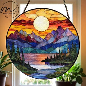 Mountain Range Stained Glass Suncatcher, Nature Window Hanging, Scenic Glass Ornament, Stained Glass Decor, Mountain Home Accent