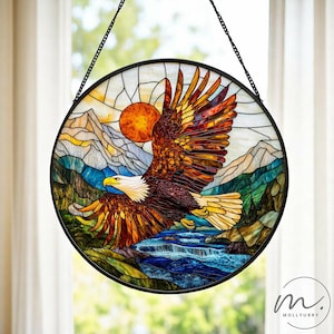 Bald Eagle Suncatcher, Mountain River Stained Glass Window Art, Wildlife Nature Decor, Rustic Cabin Gift, Soaring Eagle Hanging