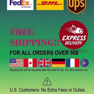 Pu&ograve; includere: Un grafico informativo verde con i loghi di FedEx Express, DHL e UPS. Include il testo ELITE WEDDING FAVORS, FREE SHIPPING!! FOR ALL ORDERS OVER 50$ e U.S. Customers: No Extra Fees or Duties. Price you see is the final price.