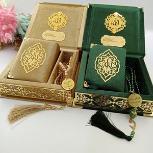 Personalized Prayer Velvet Quran Pearl Prayer Beads Islamic Gift Set | Eid Gift | Wedding Favors | Birthday Gift | Ramadan Mubarak