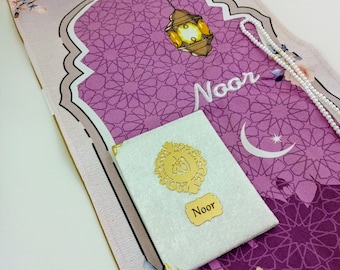 Personalized Kids Prayer Mat, Floral Kaaba Design, Ramadan Gift