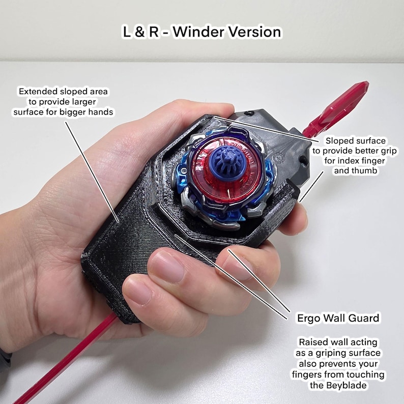 May include: A black and red Beyblade winder with a blue and red top. The winder has an extended sloped area for larger hands and a sloped surface for better grip. The text "L & R - Winder Version" is visible.