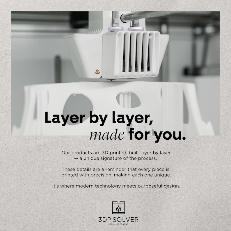 May include: A white 3D printer is shown in operation, constructing a white object layer by layer. The image includes the text "Layer by layer, made for you." and the logo for 3DP SOLVER.