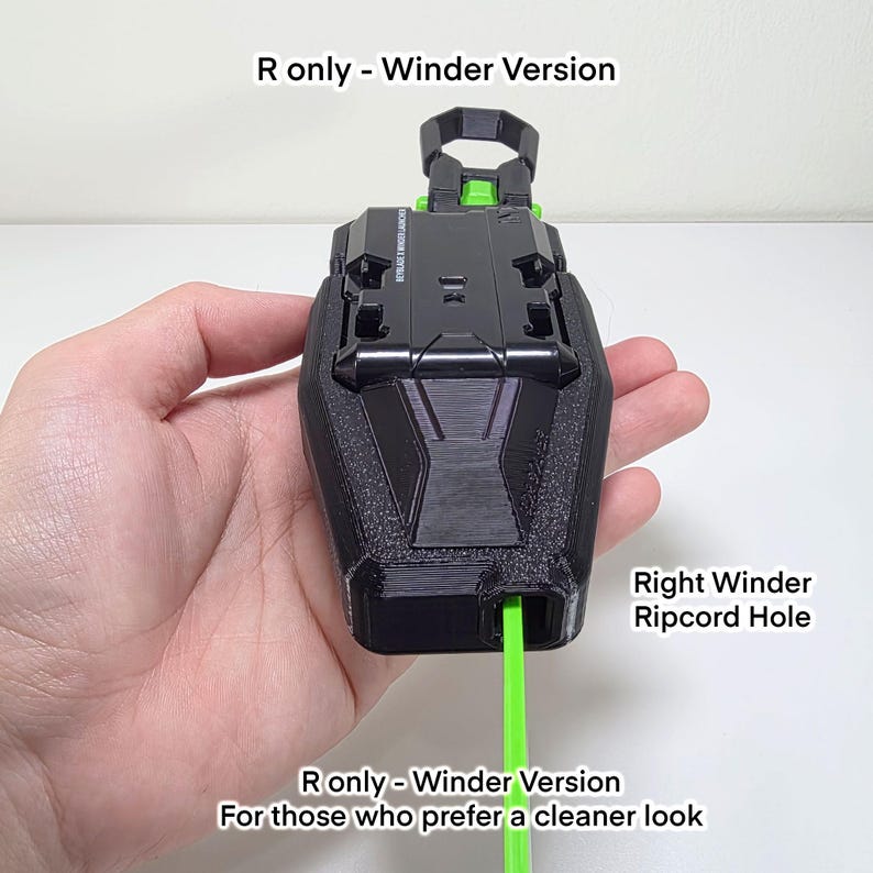May include: A black and green winder version with the text "R only - Winder Version" and "Right Winder Ripcord Hole". The winder has a green rip cord extending from the bottom. The text "For those who prefer a cleaner look" is also visible.