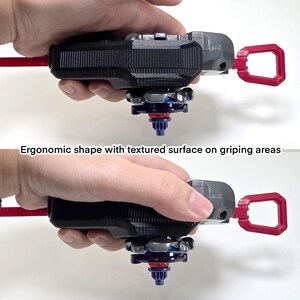 May include: A black and gray toy with a red pull cord and a red handle. The toy has a textured surface and a blue and silver spinning component. The text on the image reads: "Ergonomic shape with textured surface on gripping areas."